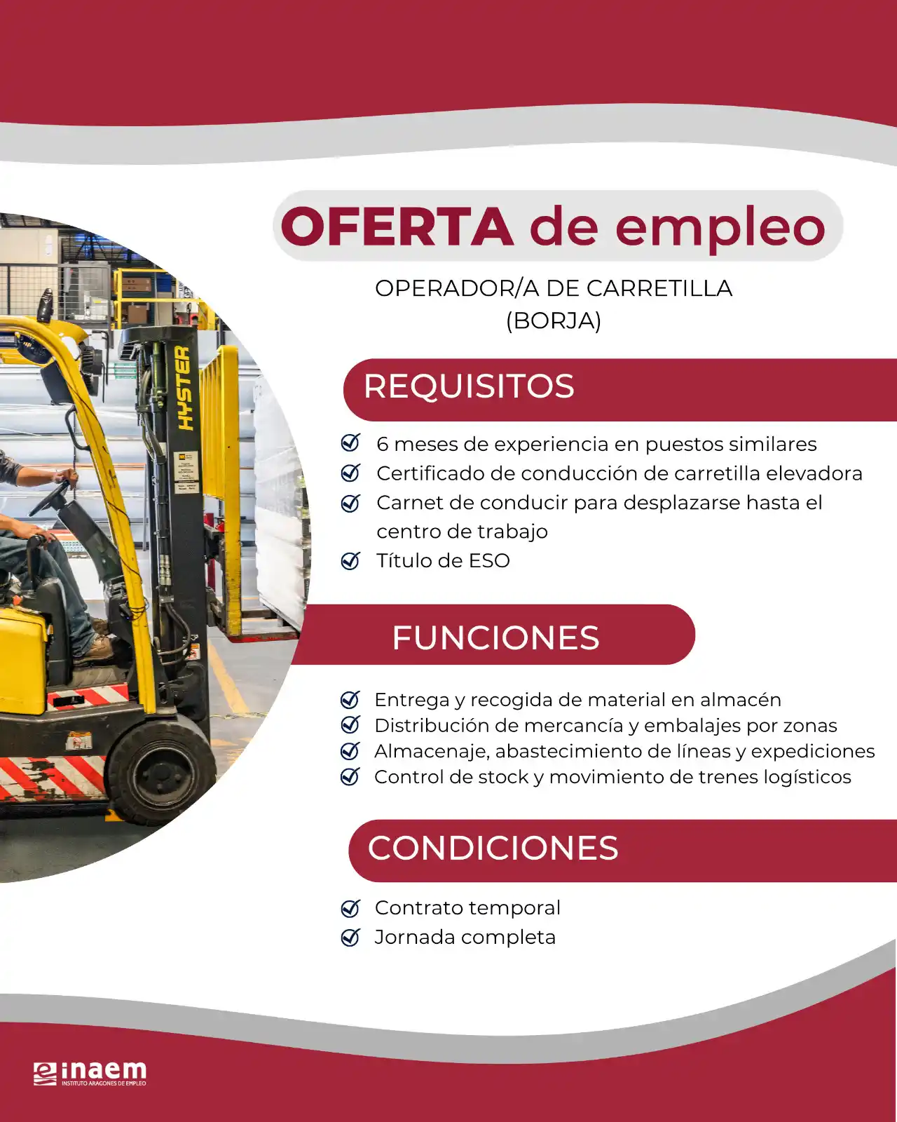 Image from INAEM INFORMA: *OFERTAS DE EMPLEO* 📢 Oferta de empleo en *BORJA* 🔉 Se necesita *Op...