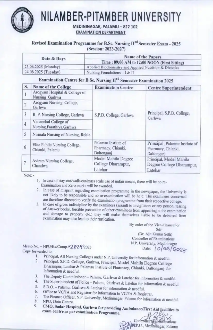 Image from NPU UPDATE: *Revised Examination Programme for B.Sc. Nursing IInd Semester Exam- 2...