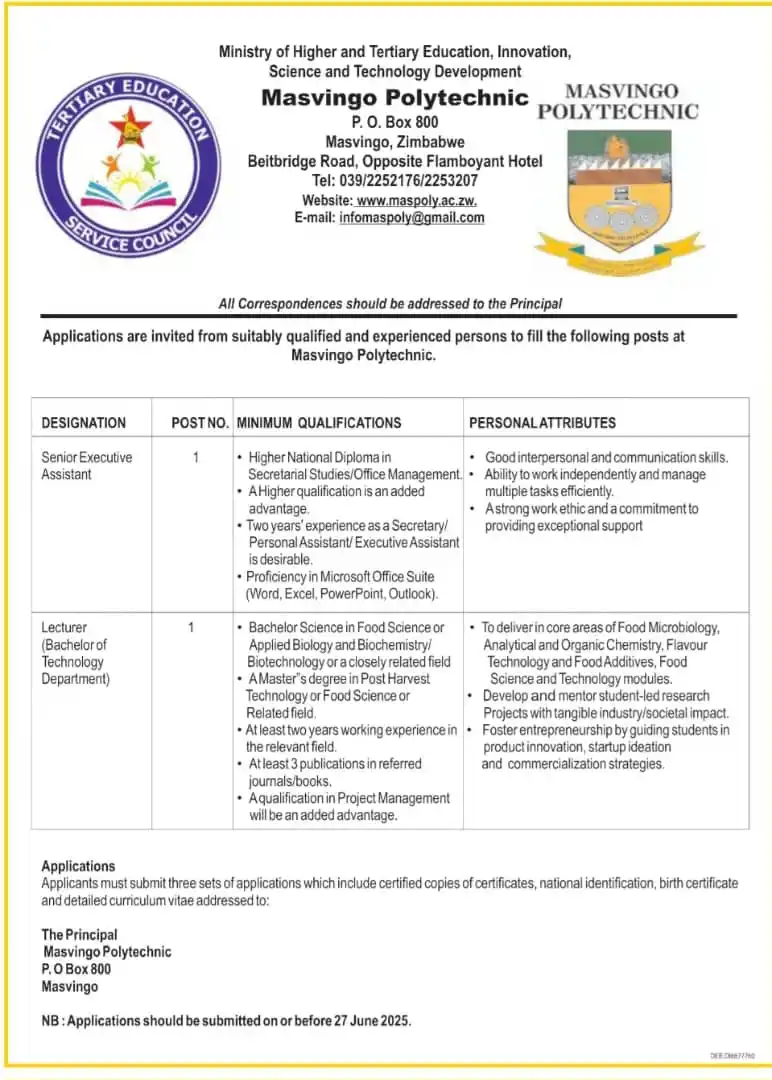 Image from Opportunities In Zimbabwe And Beyond: - Senior Executive Assistant - Lecturer B Tech Department...