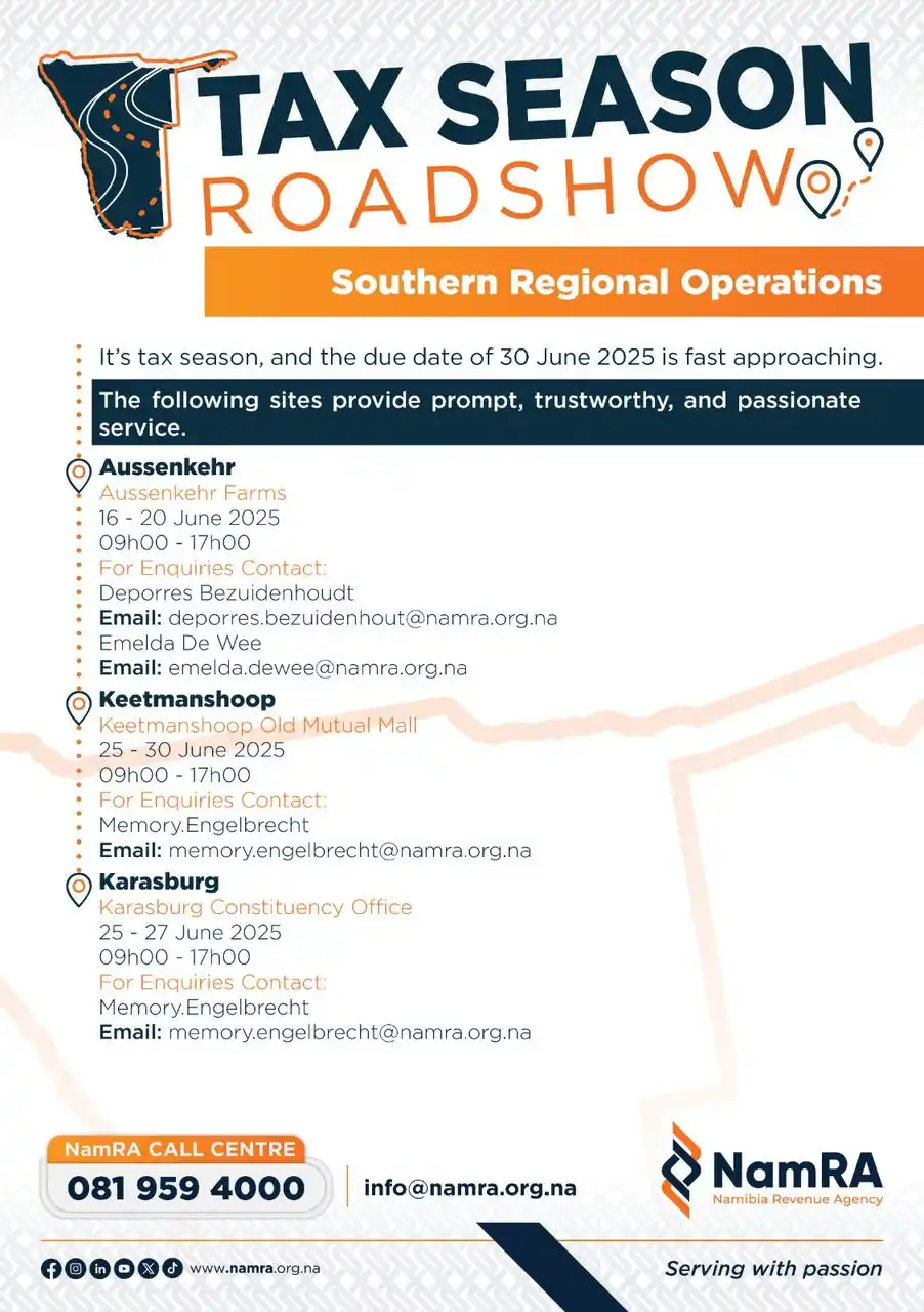 Image from Namibia Revenue Agency - NamRA: 📢 Southern Regional Operations - Tax Filing Roadshow Sites!  Don't mi...