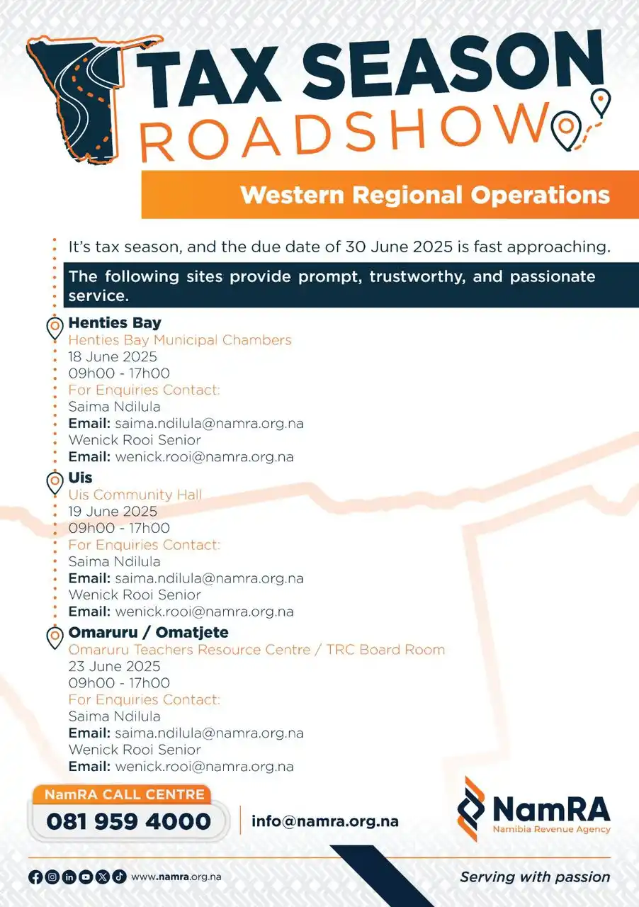 Image from Namibia Revenue Agency - NamRA: 📢 Western Regional Operations - Tax Filing Roadshow Sites!  Don't mis...