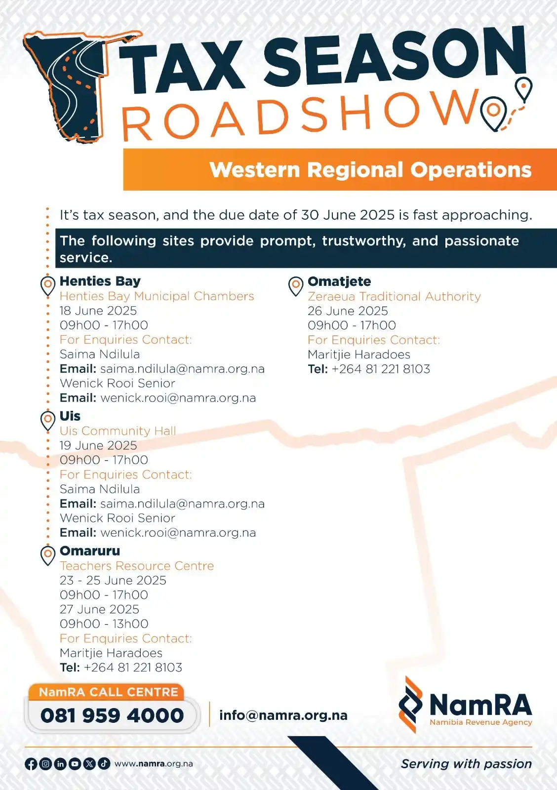 Image from Namibia Revenue Agency - NamRA: 📢 Western Regional Operations - Tax Filing Roadshow Sites!  Don't mis...