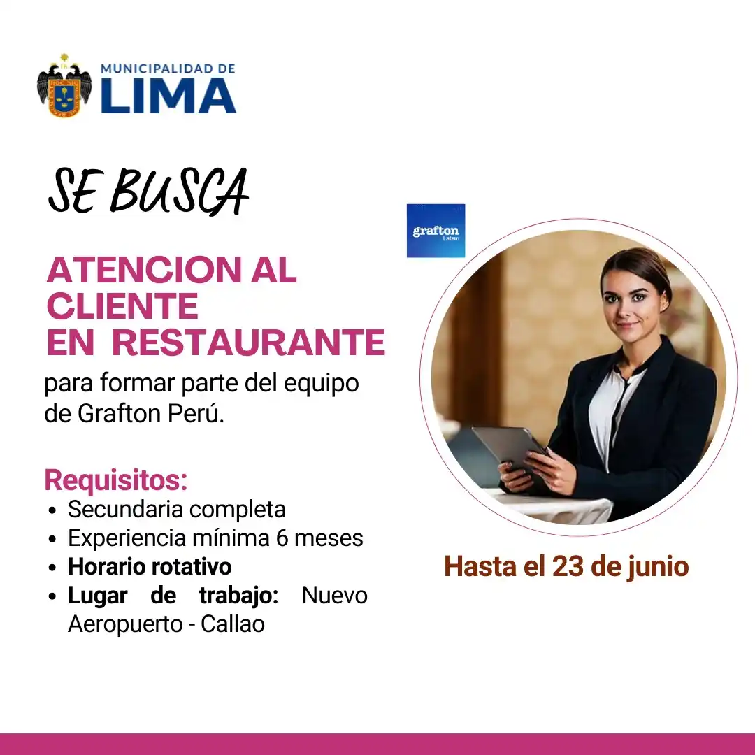 Image from Lima Emplea 💼💼: 🍽️✈️ *¡30 vacantes en Atención al Cliente Multifuncional!* Grafton Pe...