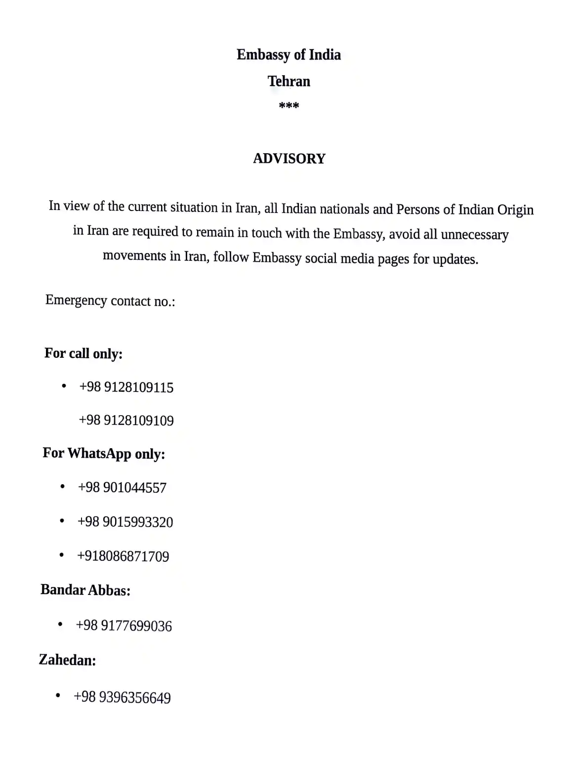 Image from J&K Tweet: Advisory for all Indian nationals and Persons of Indian Origin current...