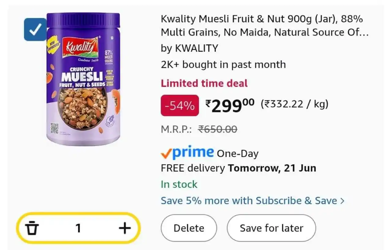 Image from 📢 AsliSKP x Hidden Discount Deals & Offers 🤑 🛍️: 🛒 Amazon : Kwality Muesli Crunchy Almond & Raisins 900g Jar @299 🔗h...