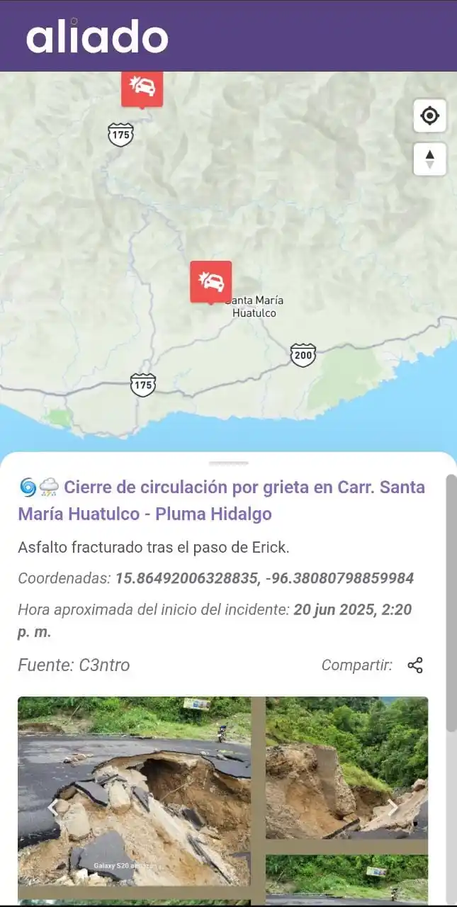 Image from C3ntro by Aleph: Asfalto fracturado tras el paso de Erick. https://alertas.aliado.aleph...