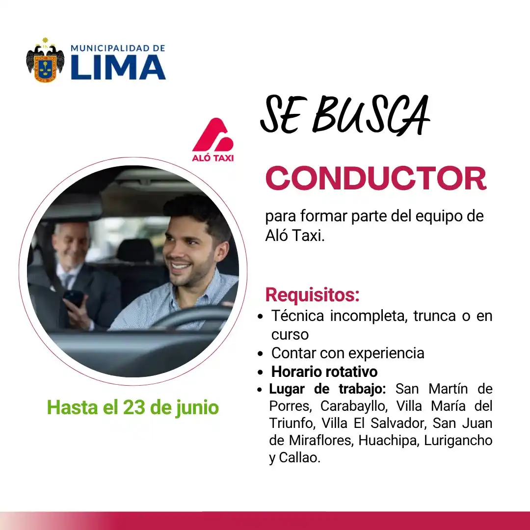 Image from Lima Emplea 💼💼: 🚖 *¡ATENCIÓN CONDUCTORES!* *Aló Taxi* busca *50 PILOTOS DEL VOLANTE* ...