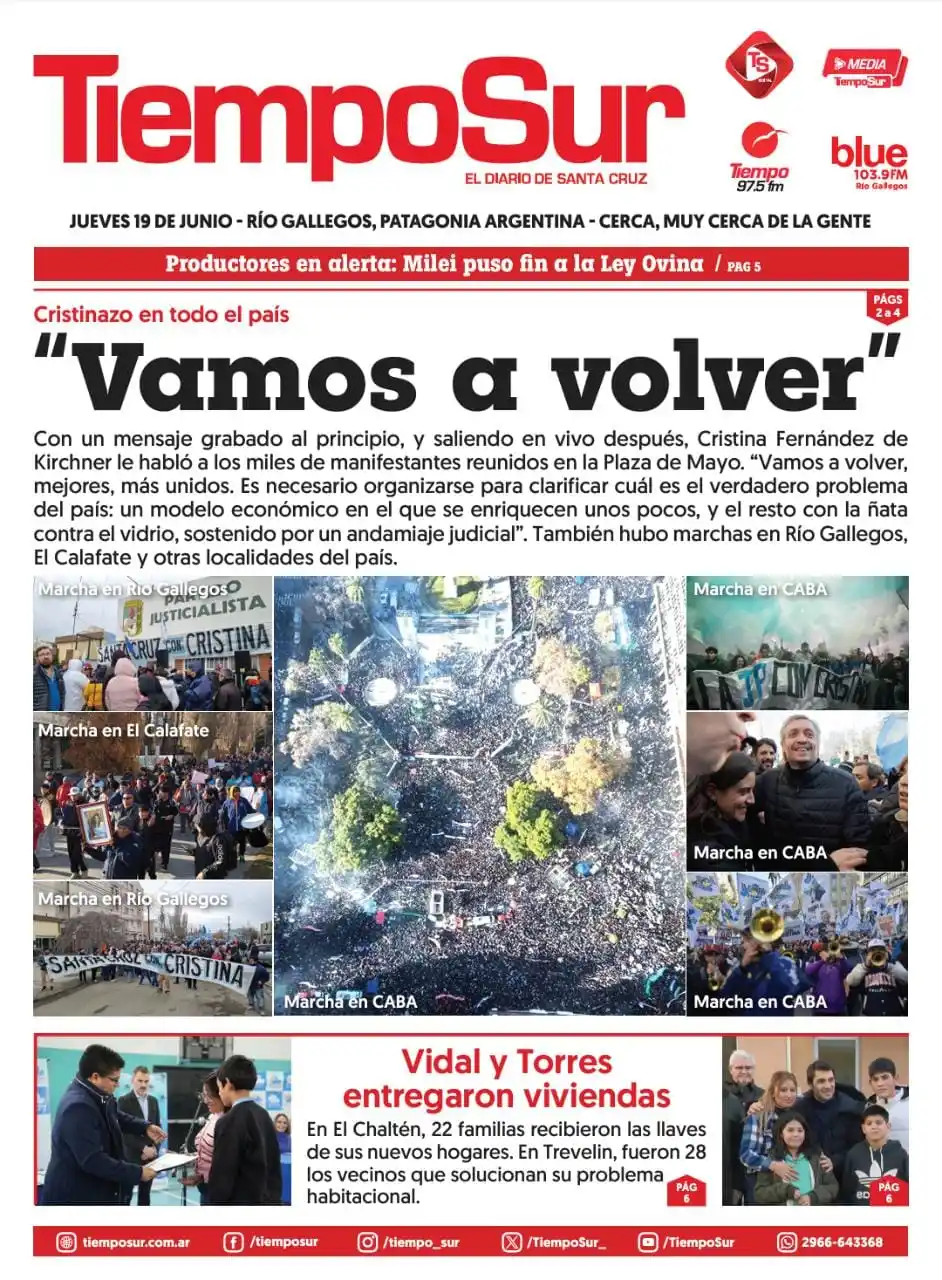 Image from Tiempo Sur Noticias: 🌙 📰 ¡Buenas noches! Te dejamos la *tapa de TiempoSur* de este jueves...