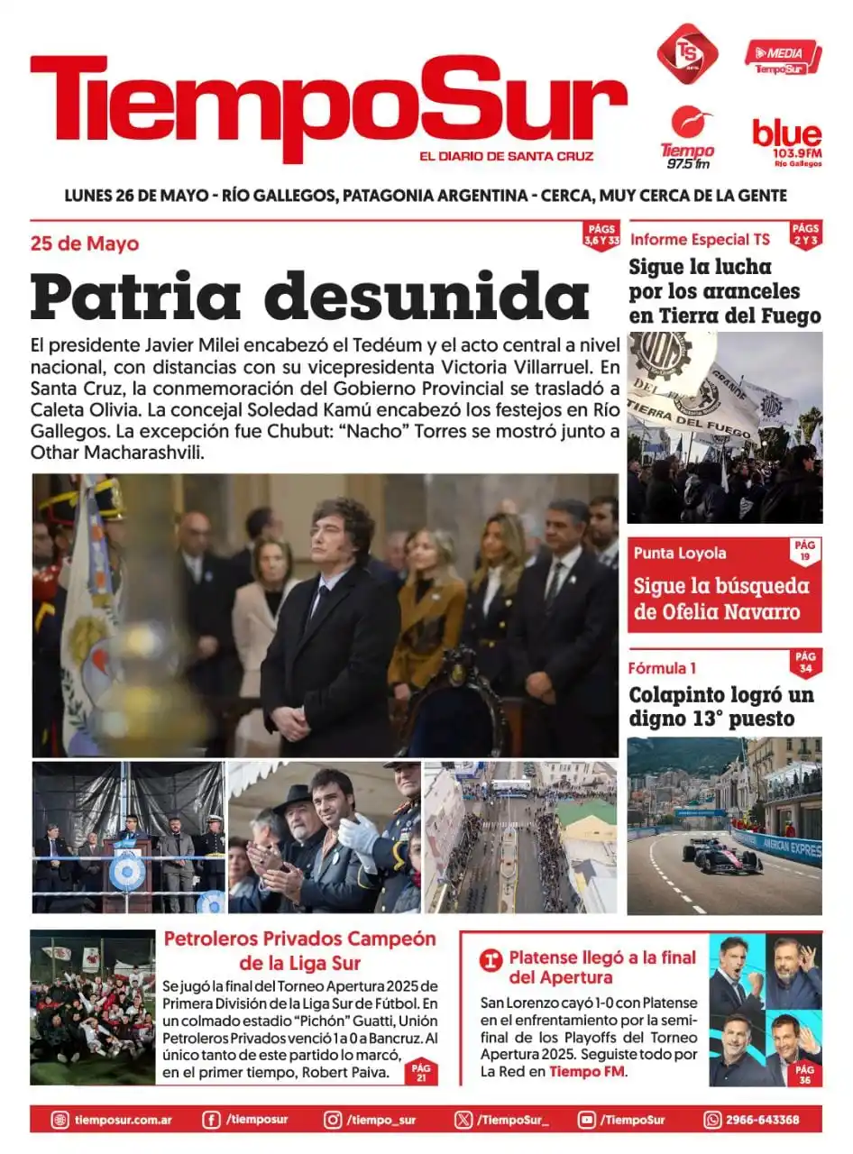 Image from Tiempo Sur Noticias: 🌙 📰 ¡Buenas noches! Te dejamos la *tapa de TiempoSur* de este lunes ...