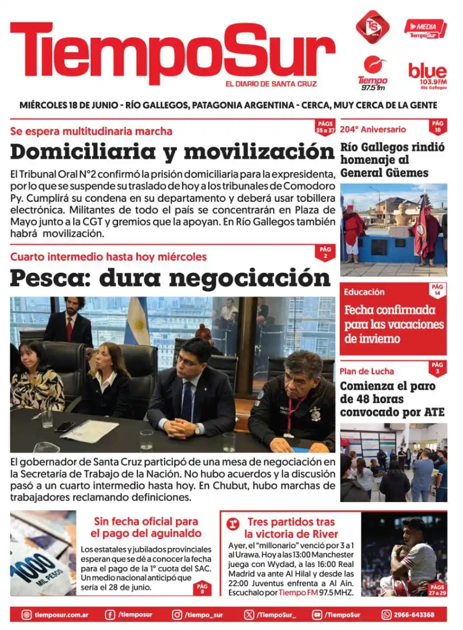 Image from Tiempo Sur Noticias: 🌙 📰 ¡Buenas noches! Te dejamos la *tapa de TiempoSur* de este miérco...