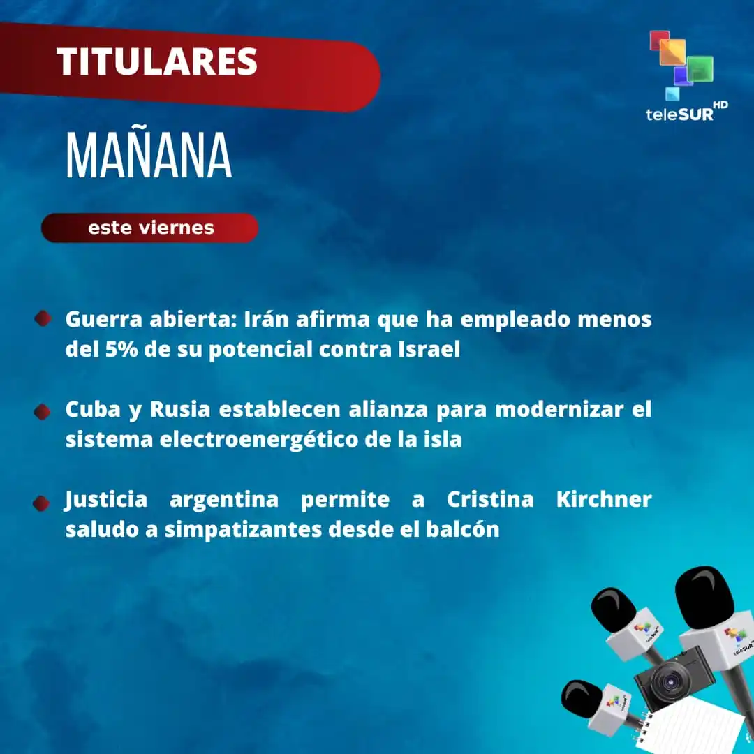 Image from teleSUR: Buenos días 🌅 Compartimos los titulares a esta hora ➡️ Guerra abie...