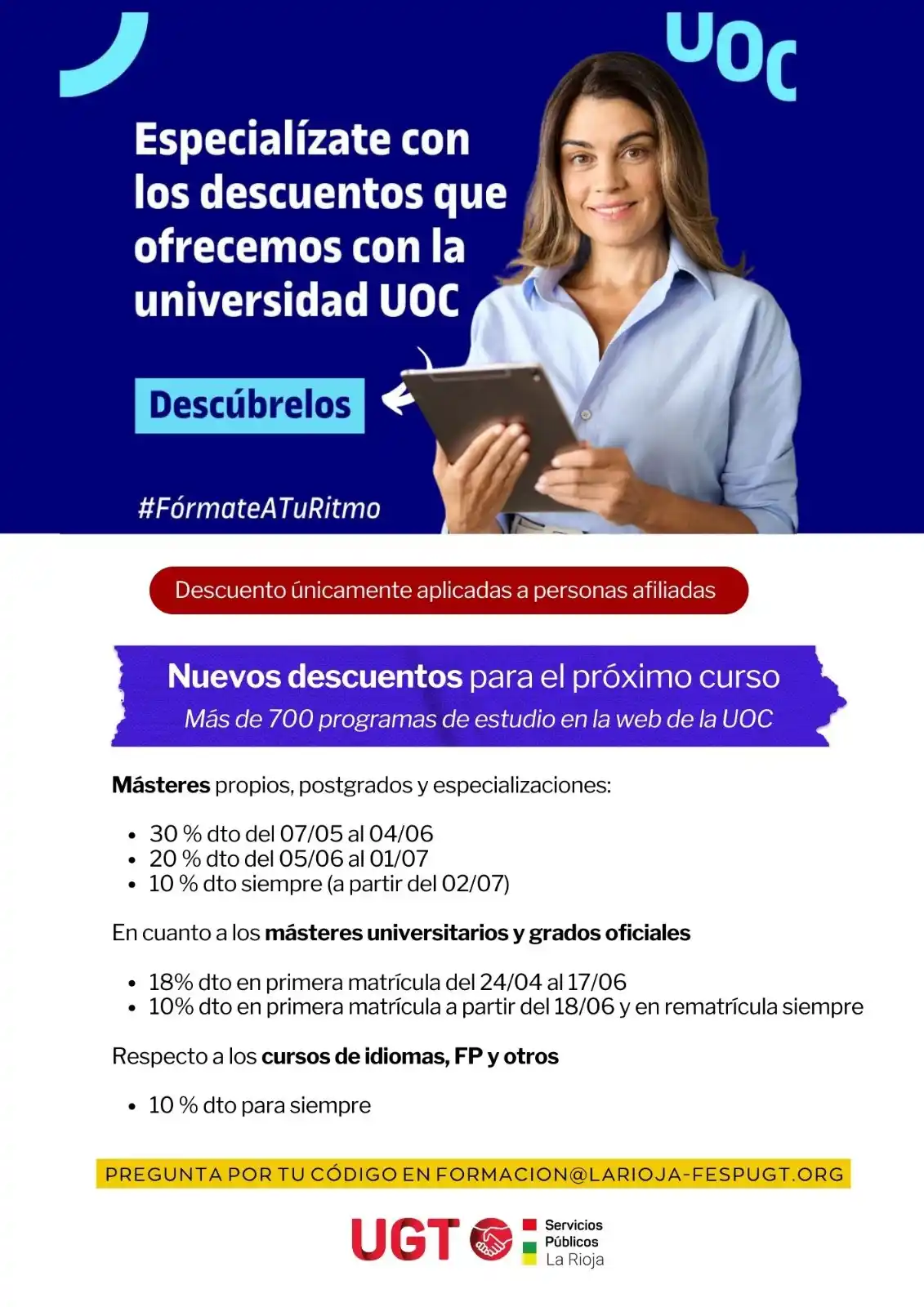 Image from UGT Servicios Públicos La Rioja: 📘 Curso Académico 2025-2026: *Nuevos descuentos para afiliados a UGT ...