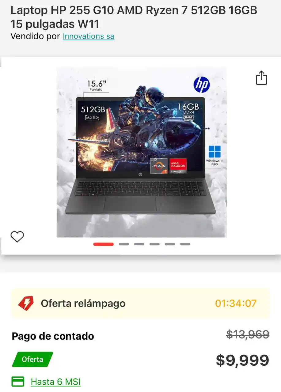 Image from Ofertones México : Elektra: Laptop HP 255 G10 AMD Ryzen 7 512GB 16GB 15 pulgadas W11 👉V...