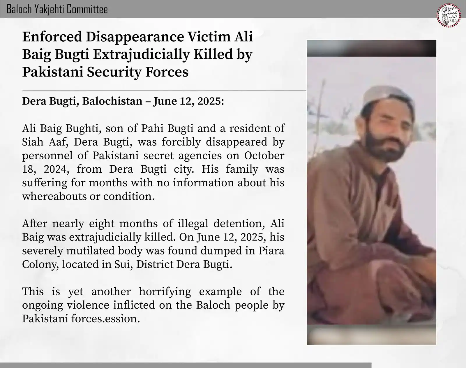 Image from Baloch Yakjehti Committee (BYC): ๐๐ง๐๐จ๐ซ๐๐๐ ๐๐ข๐ฌ๐๐ฉ๐ฉ๐๐๐ซ๐๐ง๐๐ ๐๐ข๐๐ญ๐ข๐ฆ ๐๐ฅ๐ข ๐๐๐ข...