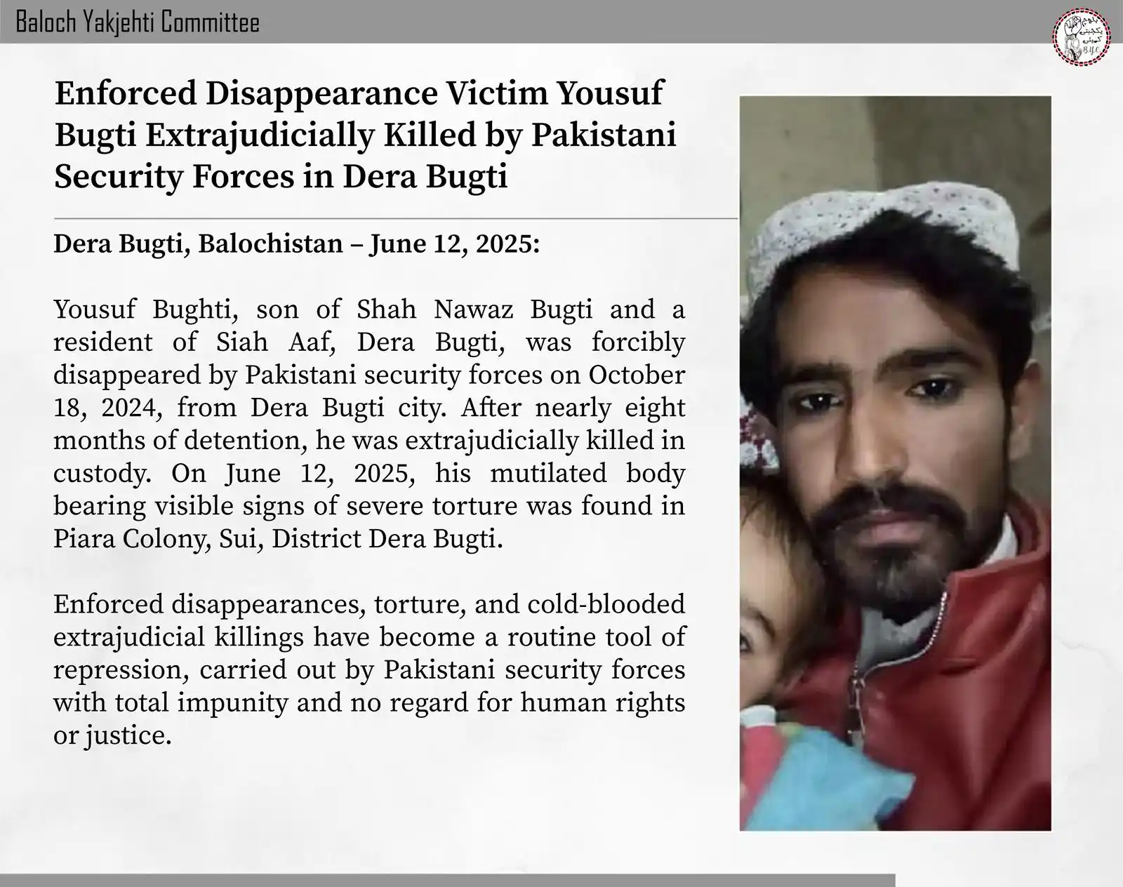 Image from Baloch Yakjehti Committee (BYC): ๐๐ง๐๐จ๐ซ๐๐๐ ๐๐ข๐ฌ๐๐ฉ๐ฉ๐๐๐ซ๐๐ง๐๐ ๐๐ข๐๐ญ๐ข๐ฆ ๐๐จ๐ฎ๐ฌ๐ฎ๐ ...