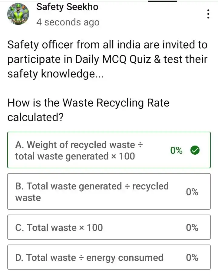 Image from Safety Seekho: 👆 *How is the Waste Recycling Rate calculated..?*  SAFETY SEEKHO" Saf...