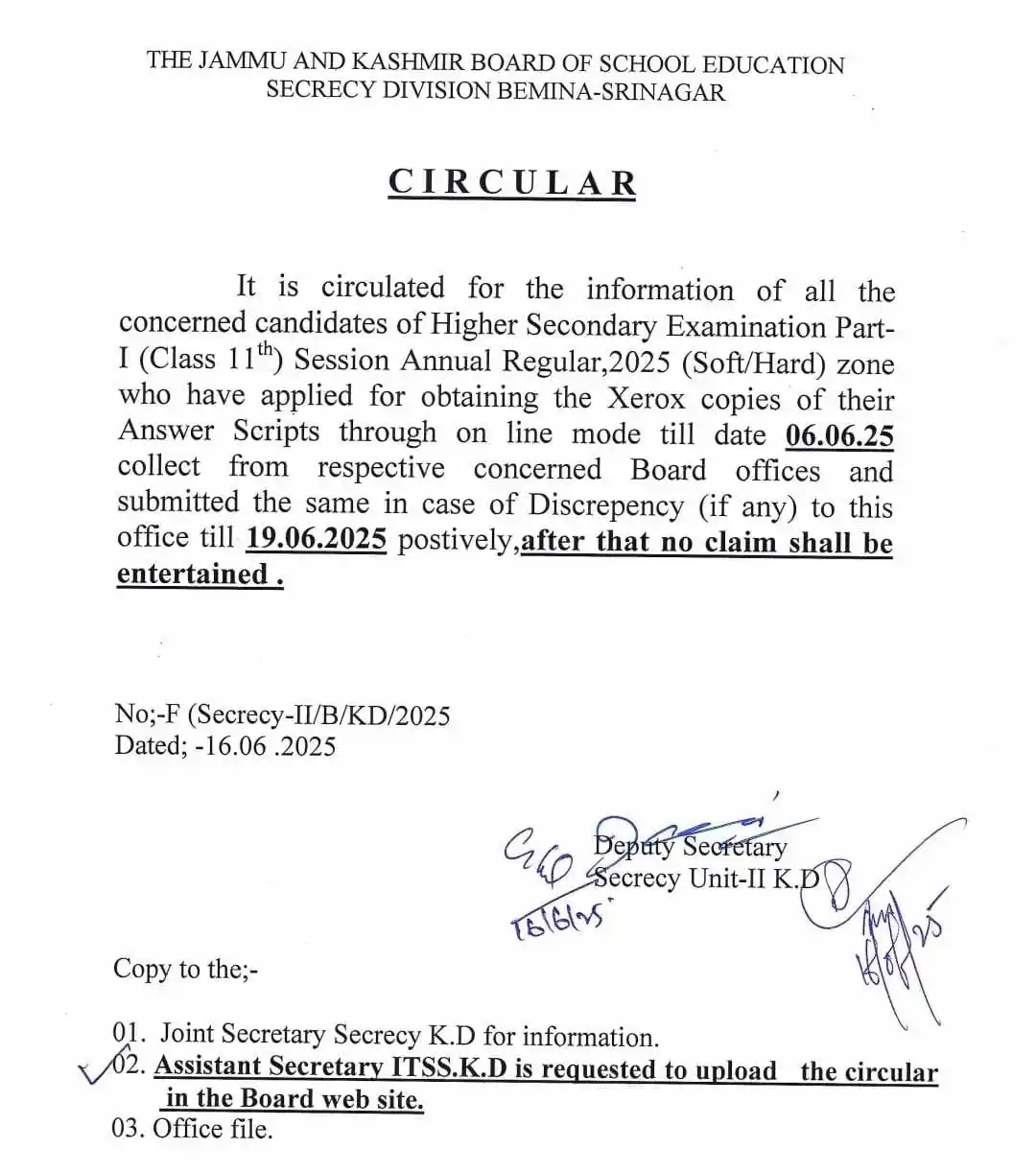 Image from Govt. Orders Only: *JKBOSE* *Notice regarding collection of Xerox copies of Answer Scrip...