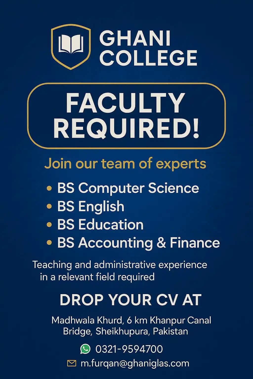 Image from Education & Jobs Update: 🎓 Join Our Team at Ghani College! Are you passionate about teaching a...