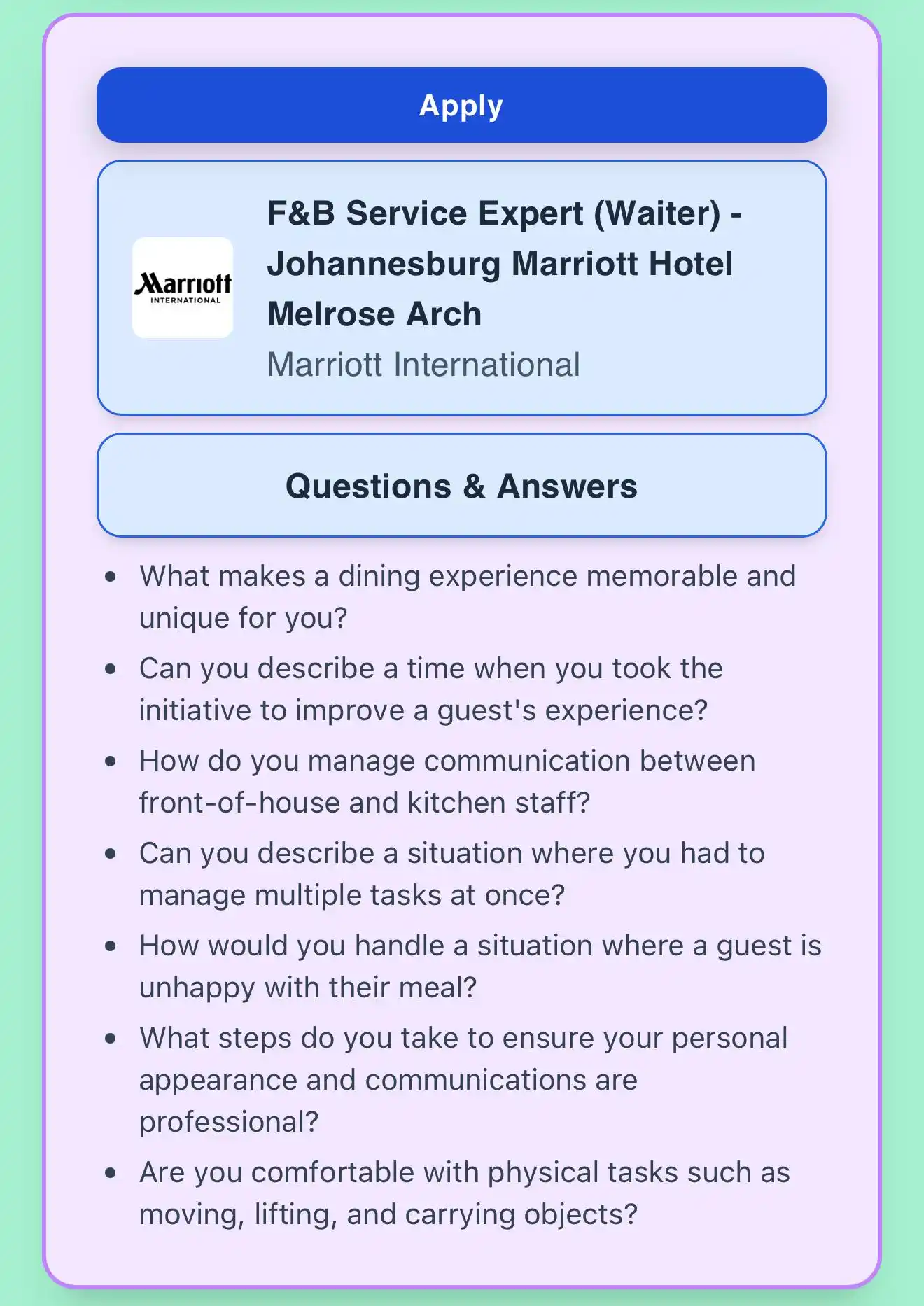 Image from Prayer and Career Guidance : Marriott International - F&B Service Expert (Waiter) - Johannesburg Ma...