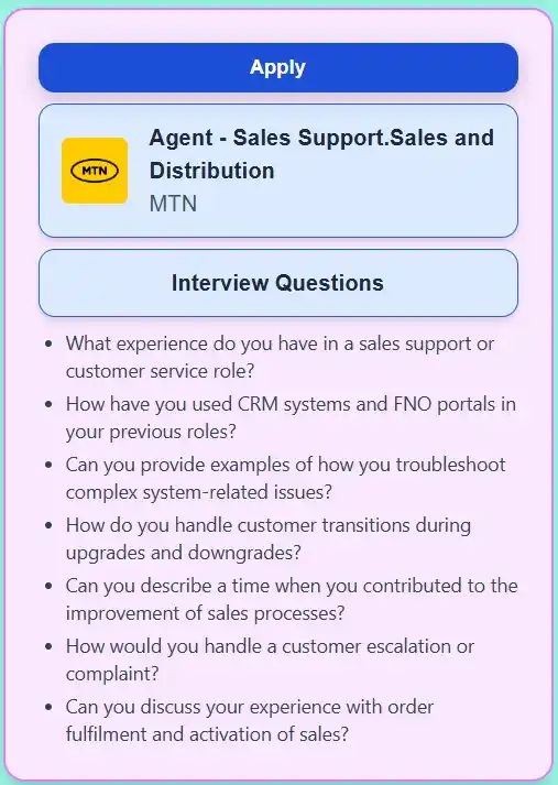 Image from Prayer and Career Guidance : MTN - Agent - Sales Support.Sales and Distribution  📍 Location: Roode...