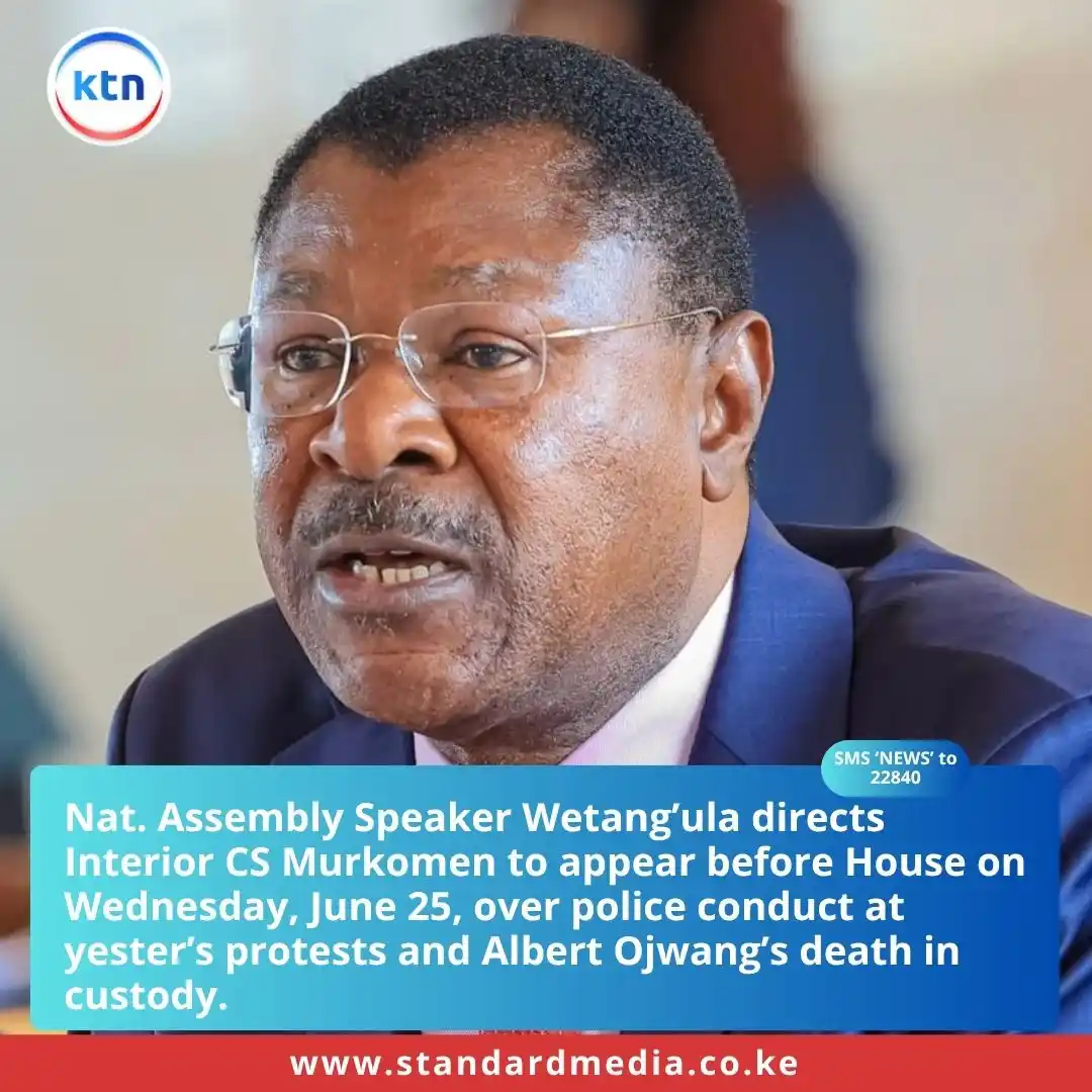 Image from KTN News: Nat. Assembly Speaker Wetang’ula directs Interior CS Murkomen to appea...