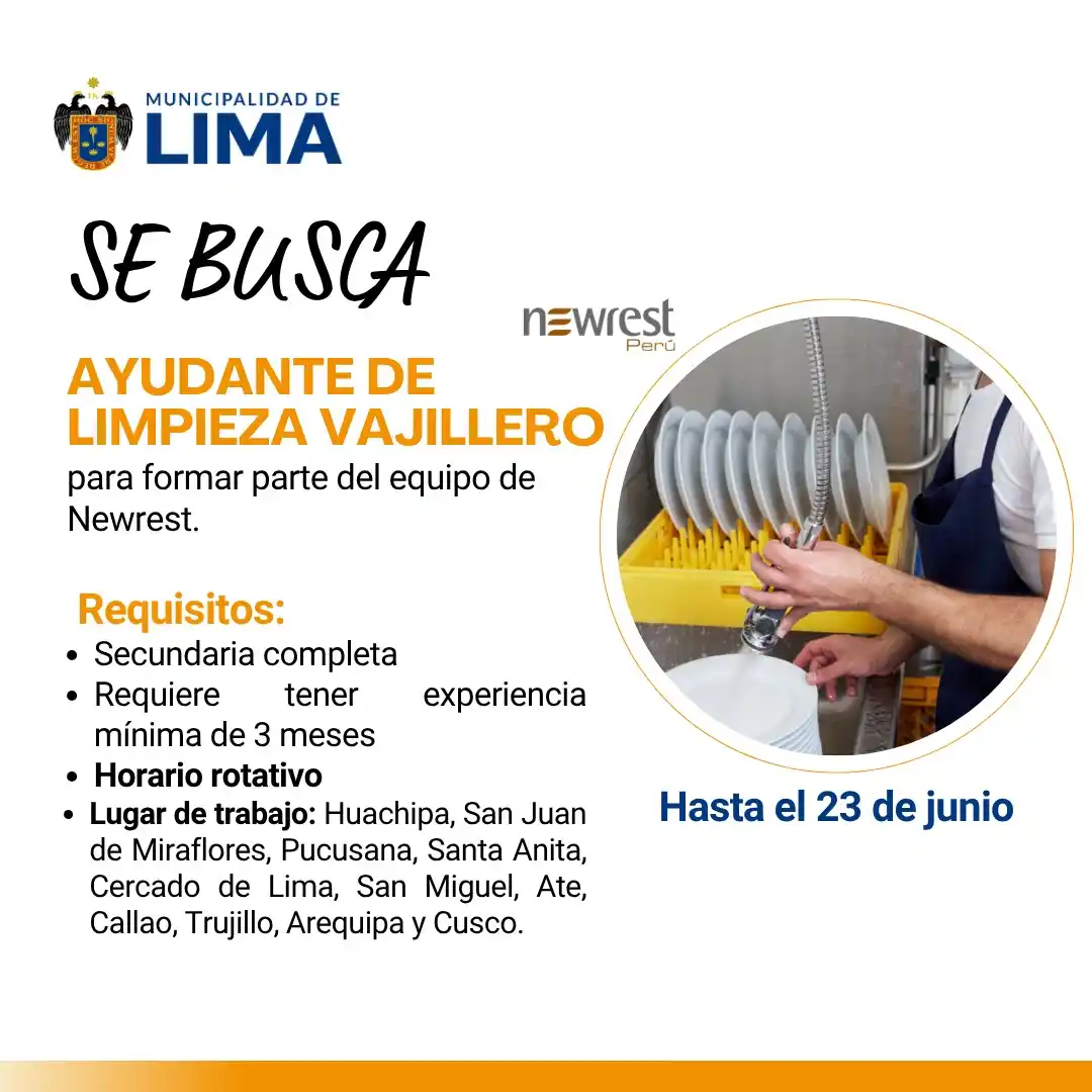 Image from Lima Emplea 💼💼: 🍽️🧼 *¡NEWREST BUSCA 20 AYUDANTES DE LIMPIEZA / VAJILLEROS!* ¿Buscas ...