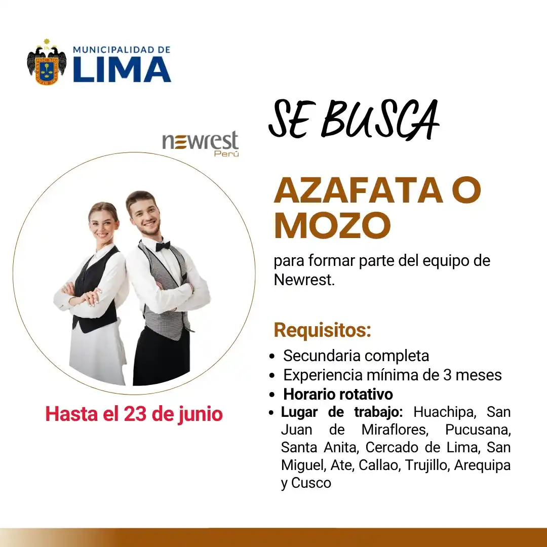 Image from Lima Emplea 💼💼: 🍽️✨ *¡Newrest te está buscando!* 🔎 *20 vacantes disponibles para AZA...