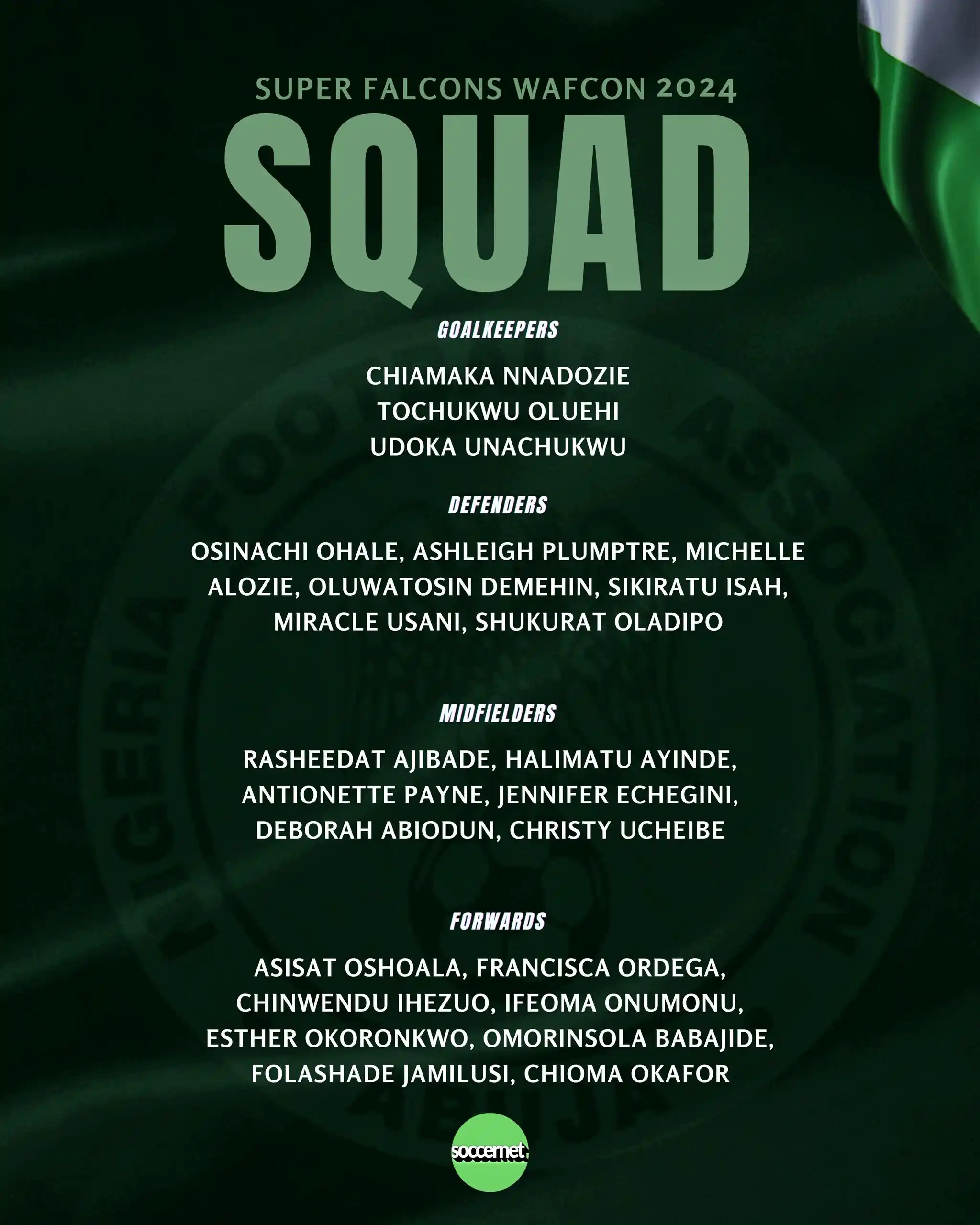 Image from Soccernet.ng: 🇳🇬🚨 Super Falcons WAFCON 2024 squad: Ajibade, Oshoala, Nnadozie lea...