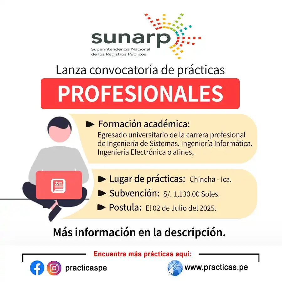 Image from Convocatorias Ing. De Sistemas: Empleos - Prácticas - Capacitaciones: 🎯 Prácticas en SUNARP - Ica  Más información  👉 https://www.practica...