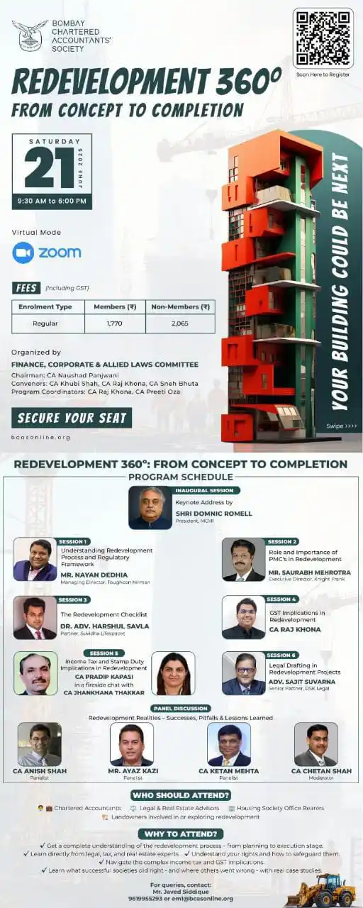 Image from Bombay Chartered Accountant Society: 🏗 *Redevelopment 360° – A Complete Perspective* Get a comprehensive v...