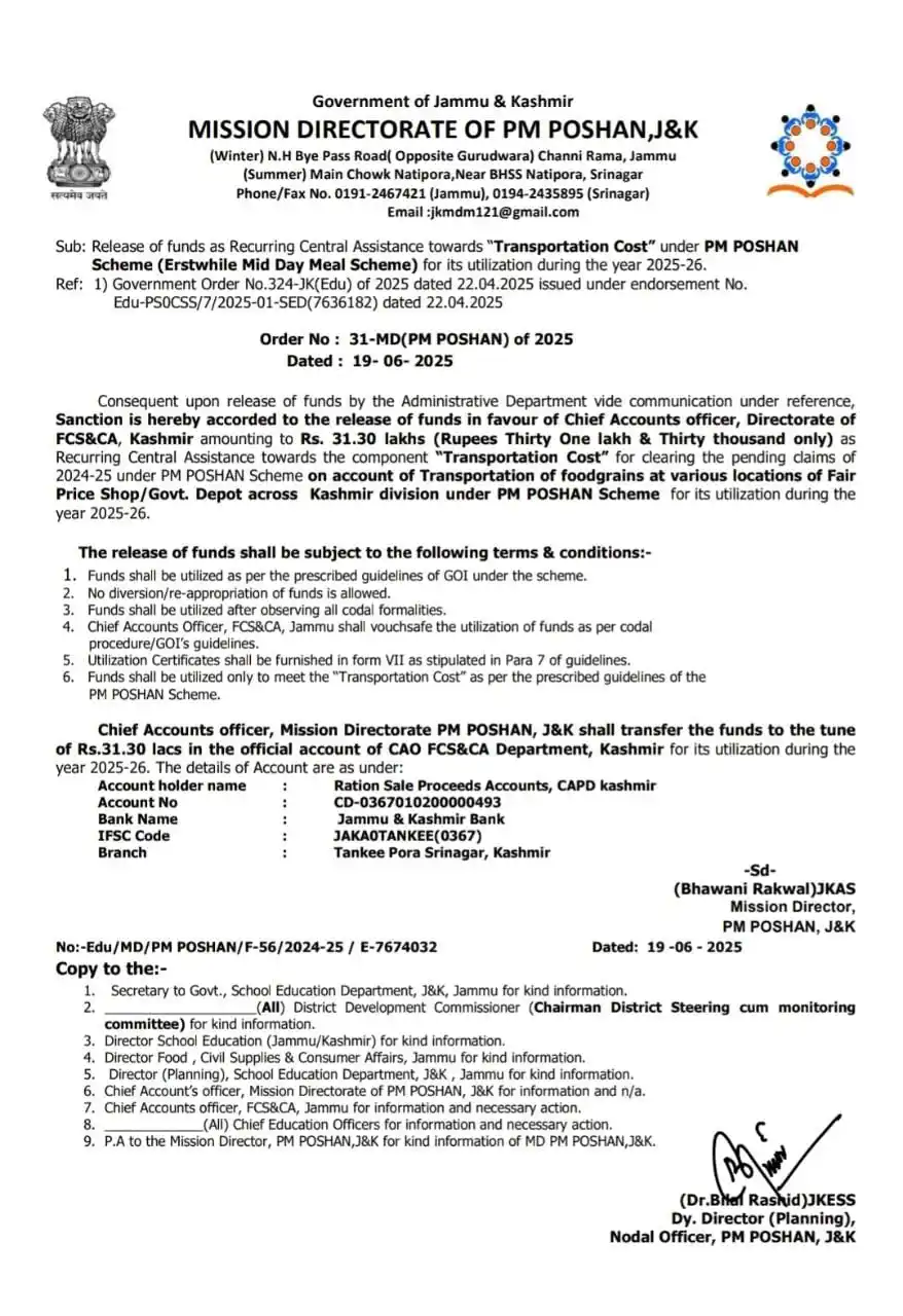 Image from Govt. Orders Only: *Release of funds as recurring Central assistance toward Transport Cos...