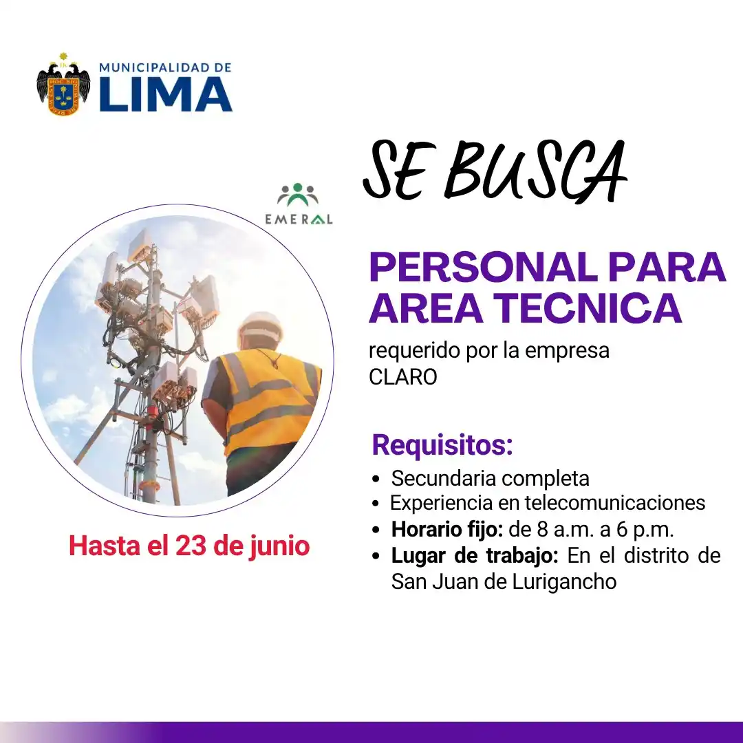 Image from Lima Emplea 💼💼: 🚀* ¡SE BUSCA TALENTO TÉCNICO!* 📡 *50 PUESTOS* disponibles para el ár...