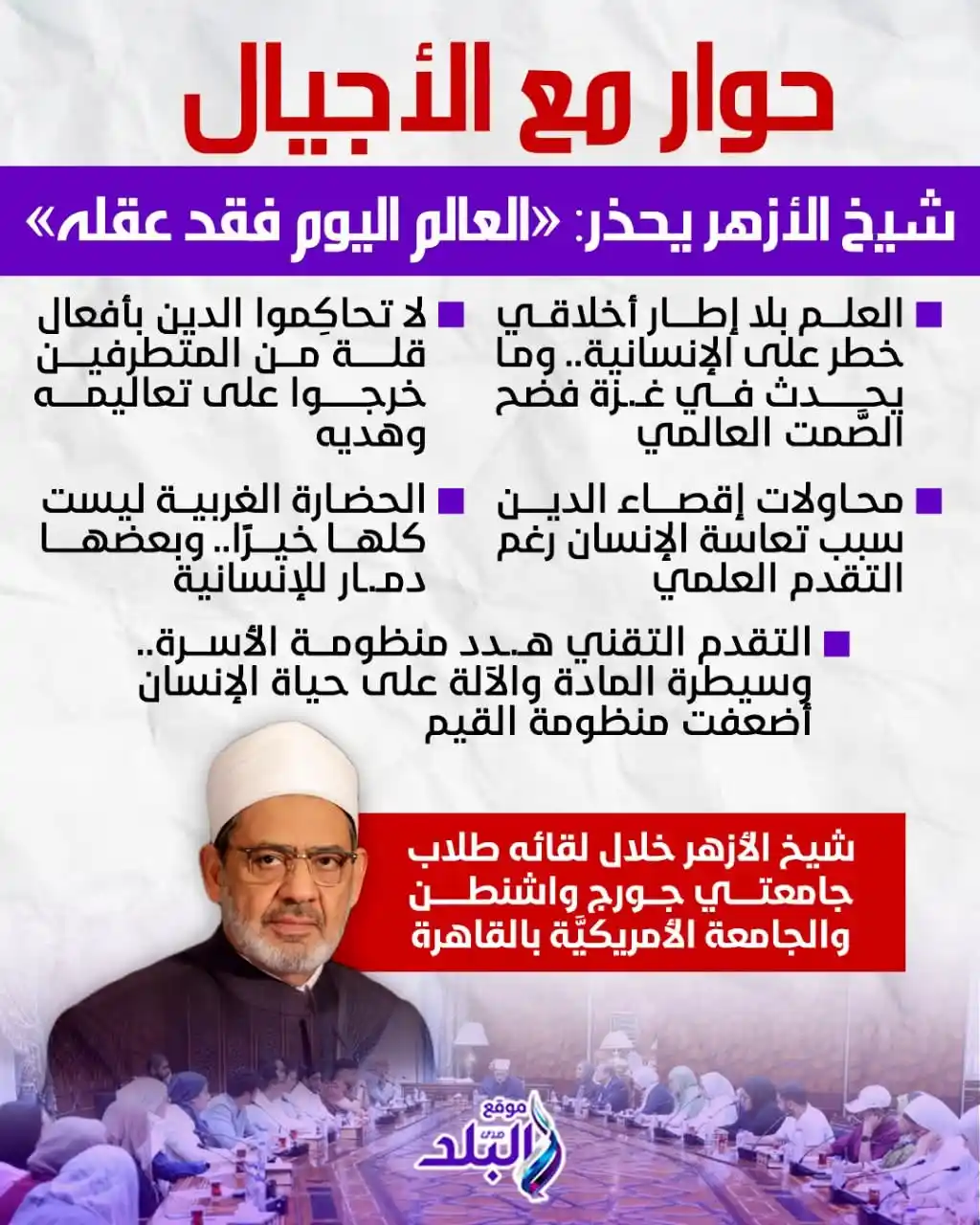 Image from صدى البلد: شيخ الأزهر: الحضارة الغربية ليست كلها خيرًا.. وبعضها دمـ ـار للإنسـ ـا...