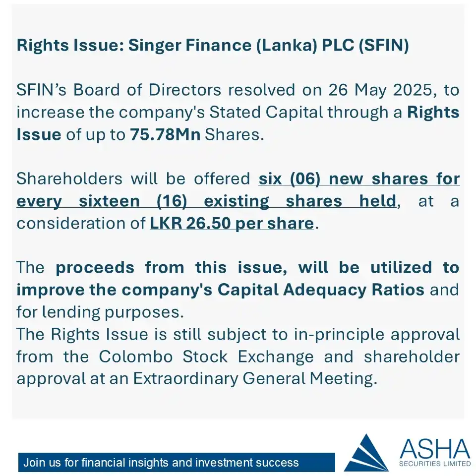 Image from Asha Securities: *Singer Finance (Lanka) PLC* (SFIN) proposed a *rights issue at Rs. 26...