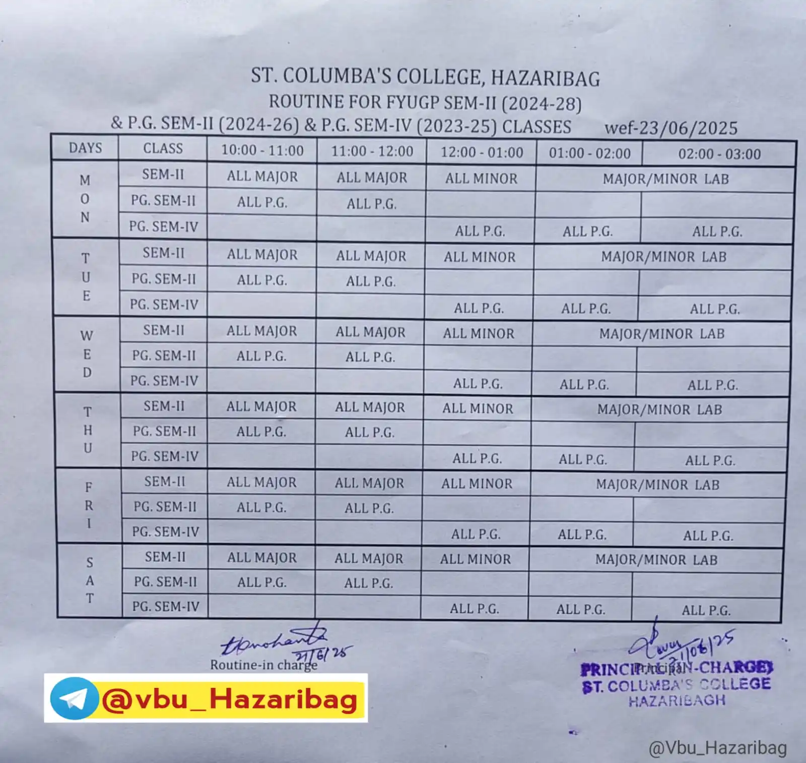 Image from VBU, Hazaribag 🇮🇳 🏫: *🎓ST. COLUMBA'S COLLEGE, HAZARIBAG* _*🗓️Routine for FYUGP SEM-2 (20...