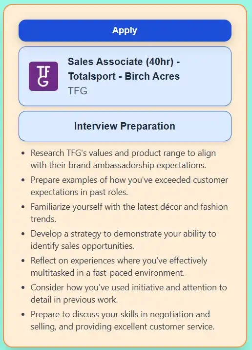 Image from Prayer and Career Guidance : TFG - Sales Associate (40hr) - Totalsport - Birch Acres  📍 Location: ...