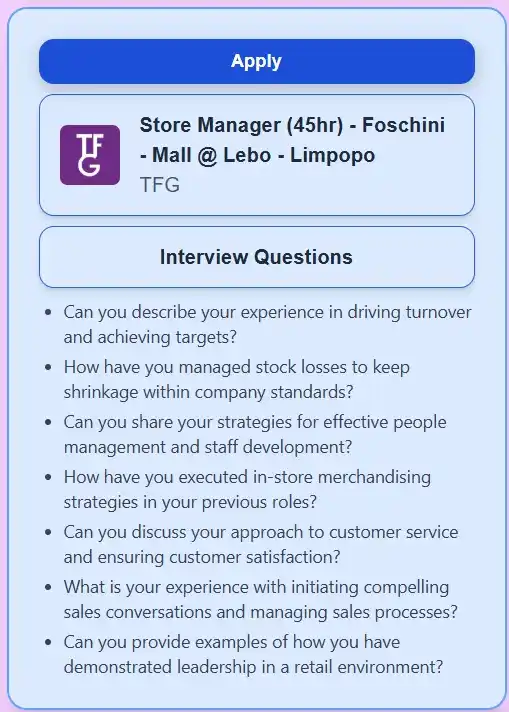 Image from Prayer and Career Guidance : TFG - Store Manager (45hr) - Foschini - Mall @ Lebo - Limpopo  📍 Loca...