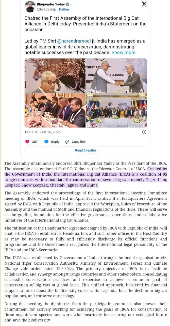 Image from UPSC CSE EXAM ✅ PRELIMS™ UPSC UPSC UPSC UPSC UPSC UPSC Current Affairs BPSC MPPSC UPPSC CAPF RAS IAS: 🔆The International Big Cat Alliance (IBCA) ✅The IBCA was established ...