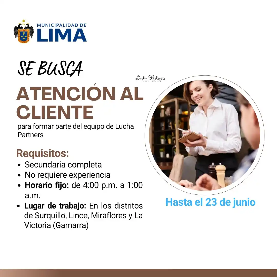 Image from Lima Emplea 💼💼: 🍽️✨ *¡ÚNETE A LUCHA PARTNERS!* ¡Buscamos 10 personas con buena vibra ...