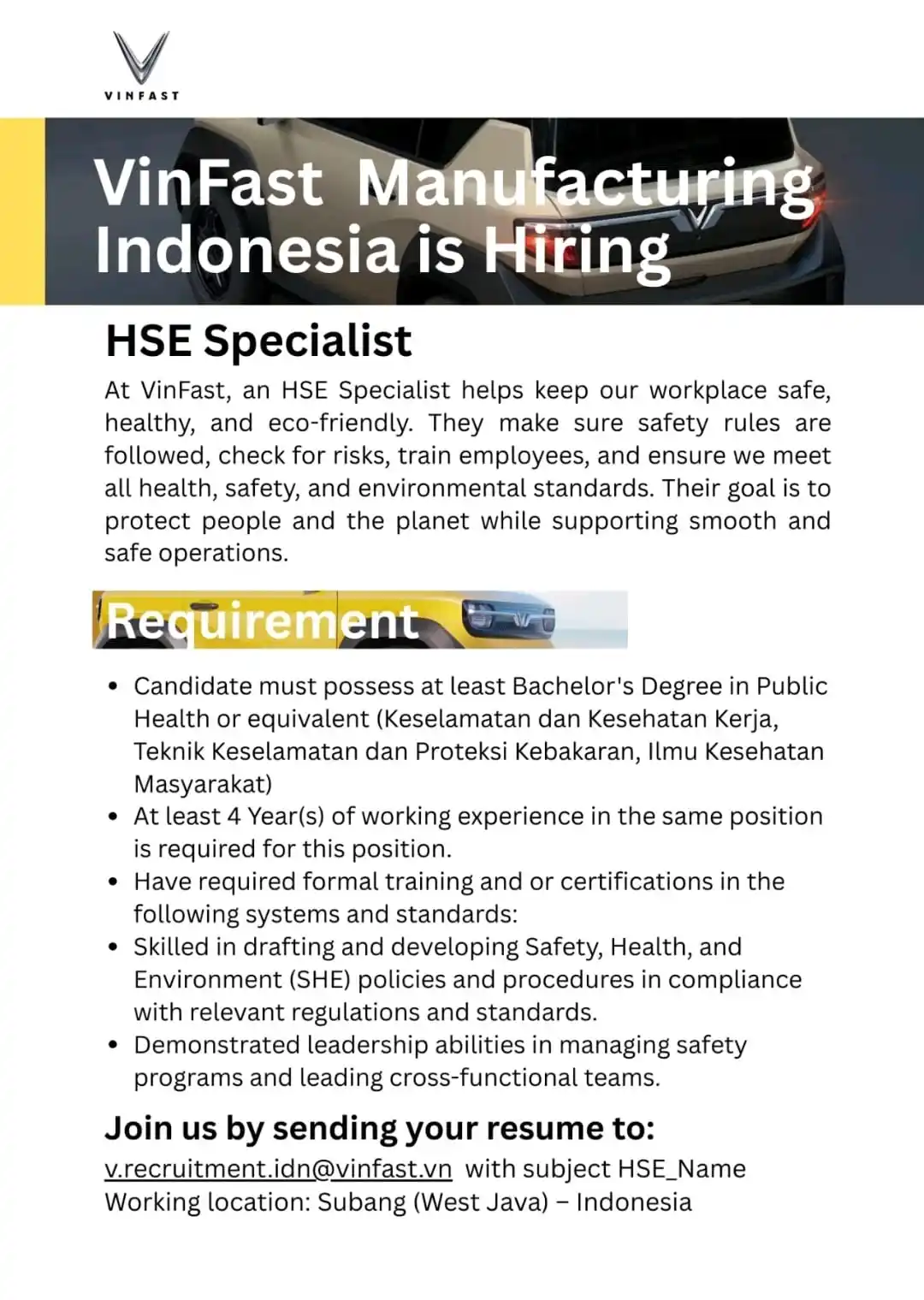 Image from Loker K3: VinFast still need you!!  If you are HSE expert, able speak in english...