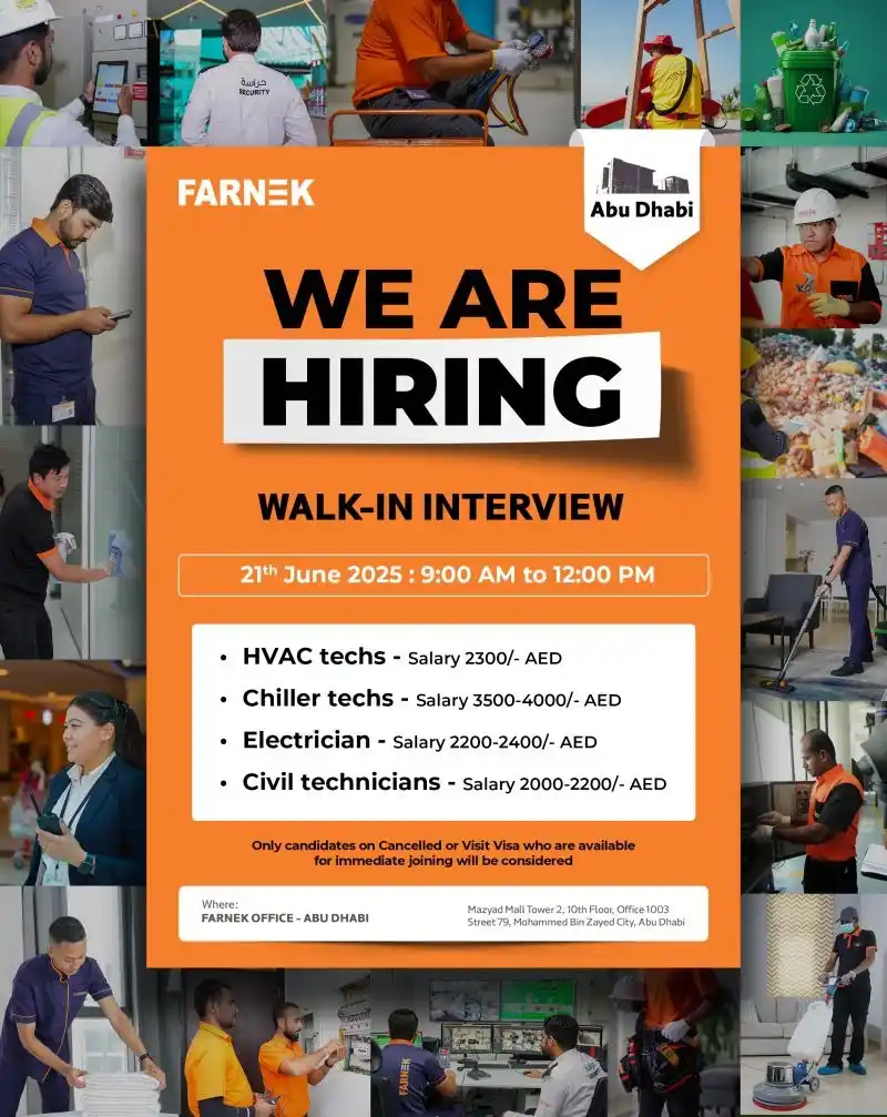 Image from UAE Jobs - Updates: *Walk In Interview In Farnek Services | 21st June 2025* 1) HVAC Techn...