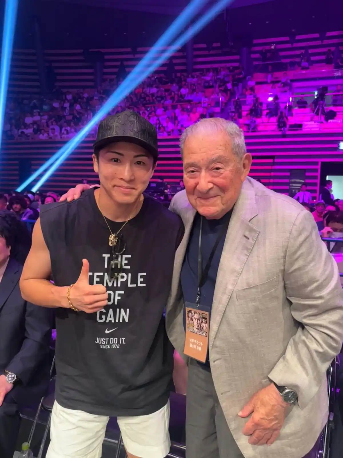 Image from Top Rank Boxing: 👹 x 🐐  Naoya Inoue is in the house next to the boss himself....