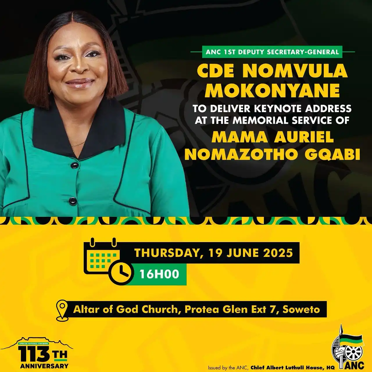 Image from African National Congress: ANC’s 1st Deputy Secretary-General, Cde Nomvula Mokonyane, will delive...