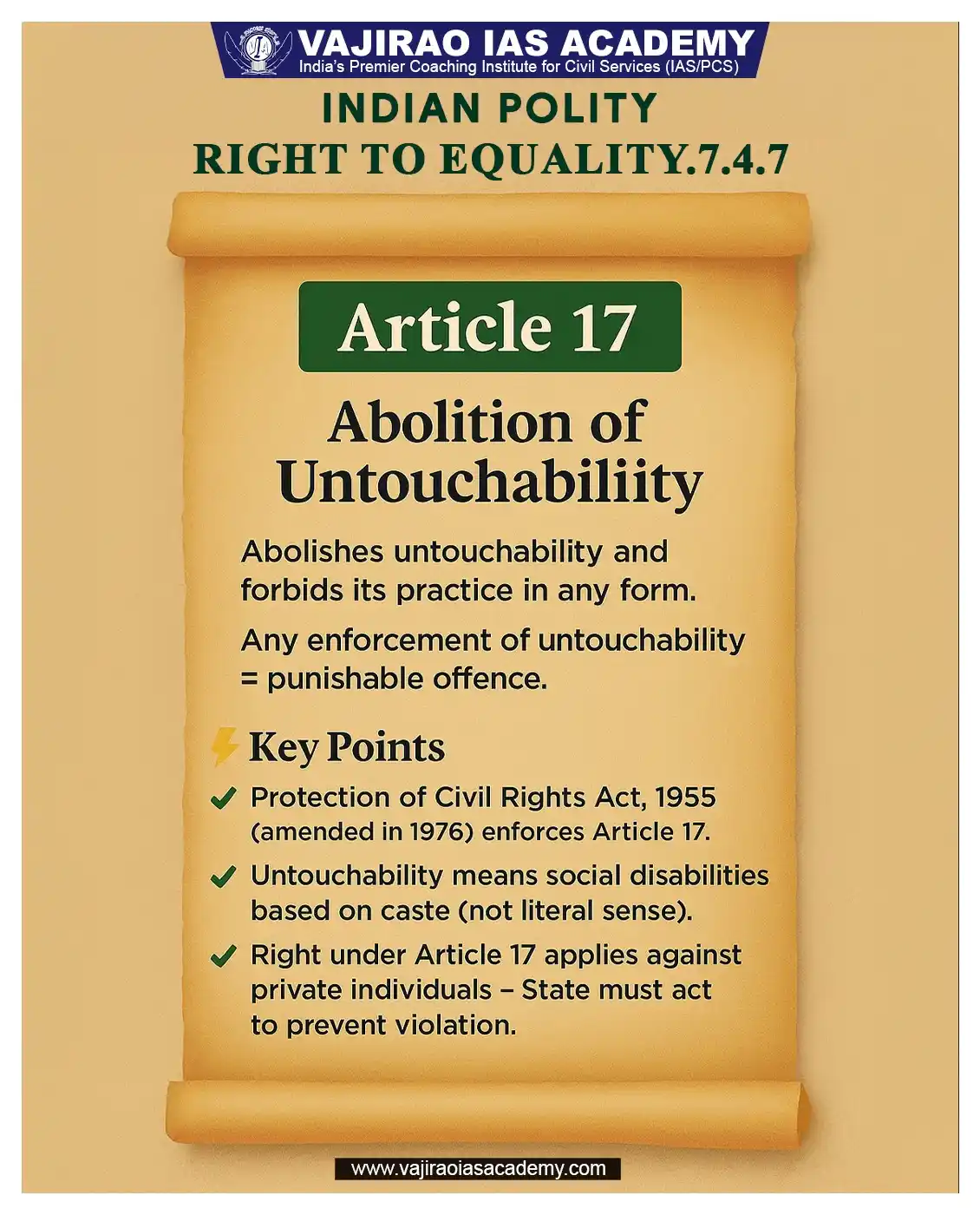 Image from UPSC Current Affairs Updates, Daily Quiz, IAS/UPSC Editorials: ⚖ Article 17 – Abolition of Untouchability Abolishes untouchability an...
