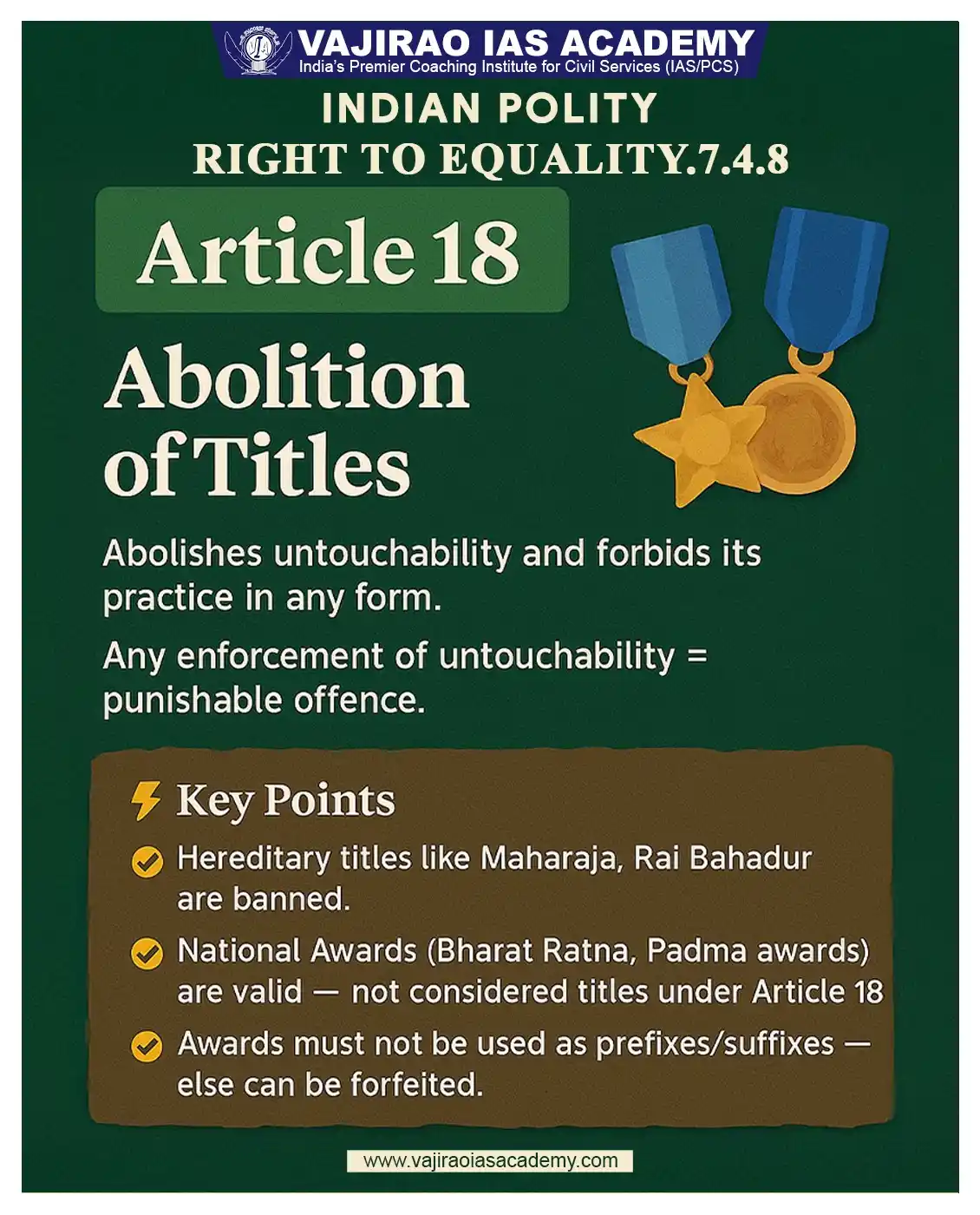 Image from UPSC Current Affairs Updates, Daily Quiz, IAS/UPSC Editorials: 🏅 Article 18 – Abolition of Titles Bans hereditary titles like Mahara...