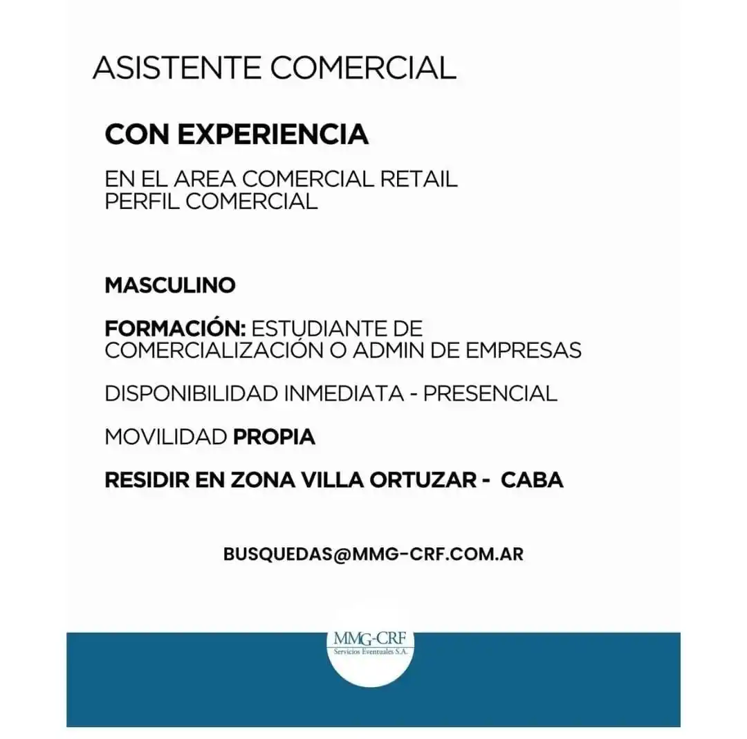 Image from 🌈✨️ Empleo360 💖: 👨🏻💼✨ *Asistente Comercial* 📍 *Villa Ortuzar, CABA* 📧 busquedas...