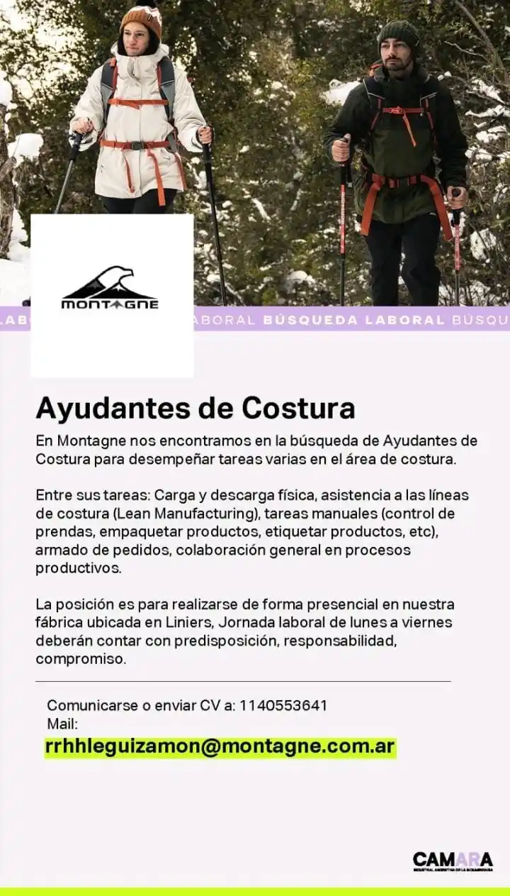 Image from 🌈✨️ Empleo360 💖: 👨🏻‍💼✨ *Ayudantes de costura*  📍 *Liniers*  📧 rrhhleguizamon@monta...