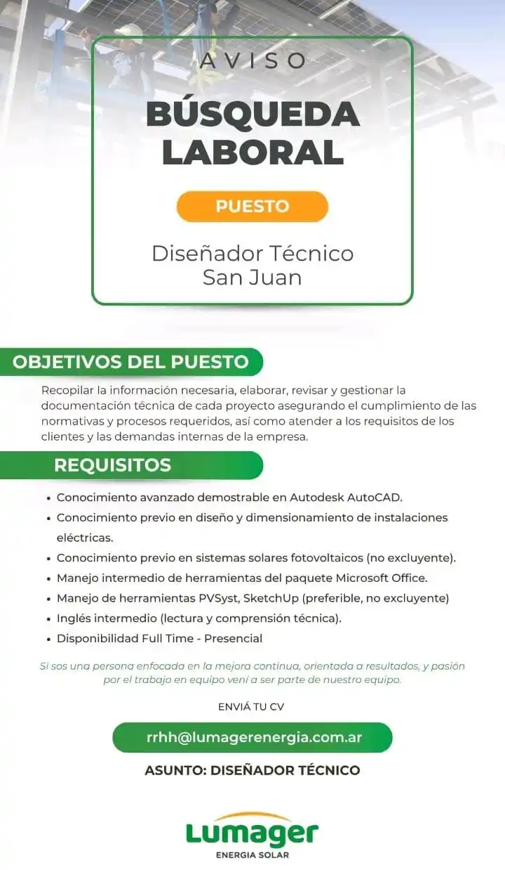 Image from 🌈✨️ Empleo360 💖: 👨🏻‍💻✨ *Diseñador Técnico*  📍 *San Juan*  📧 rrhh@lumagerenergia.co...