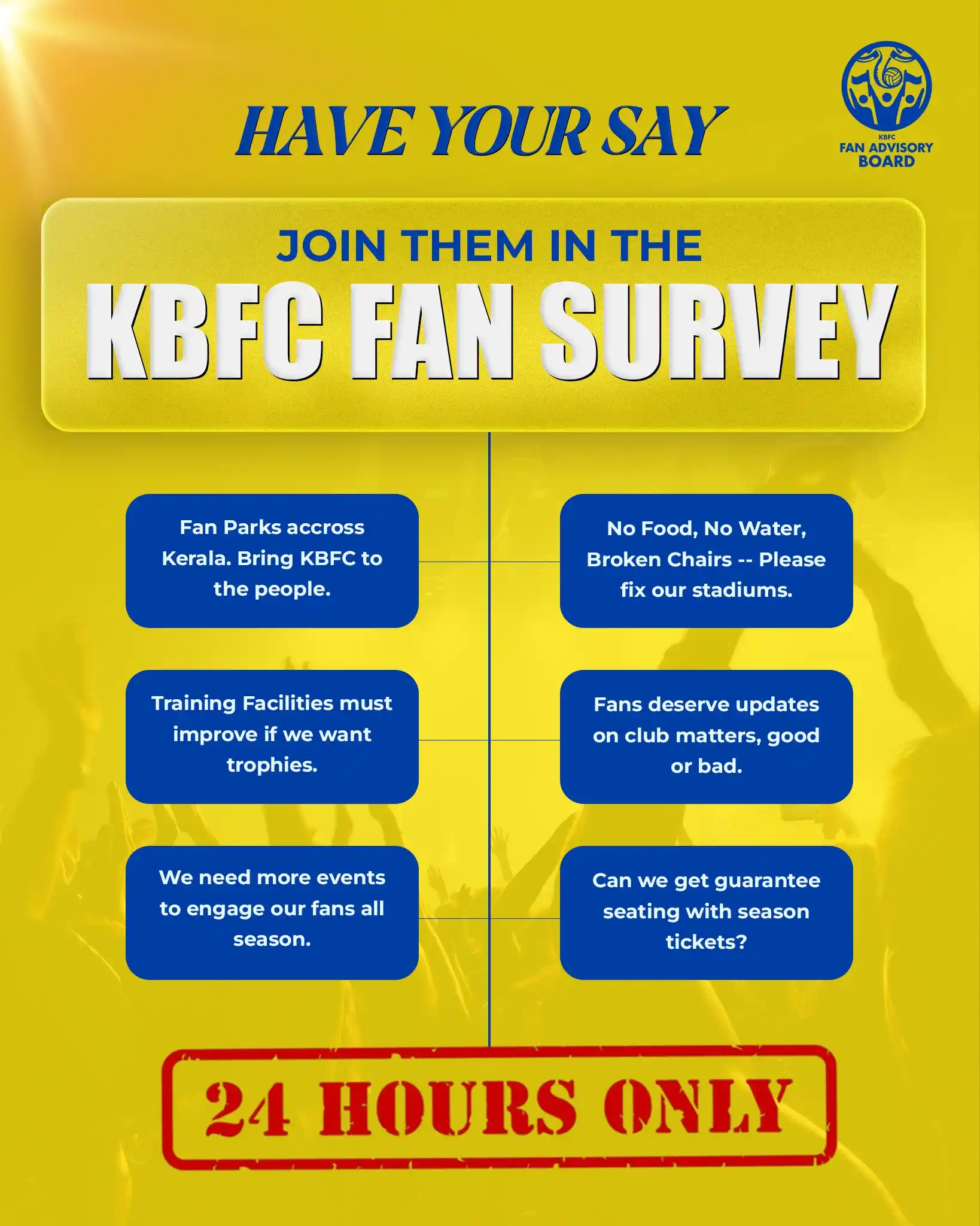 Image from KERALA BLASTERS FC OFFICIAL: Hello Blasters Fam 👀 Time is ticking ⌛ Be the voice 🗣️ Make the ch...