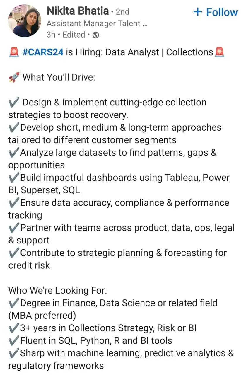 Image from Raghavan P ✅️: Hiring at *Cars24*  https://www.linkedin.com/posts/nikitabhatia14_cars...